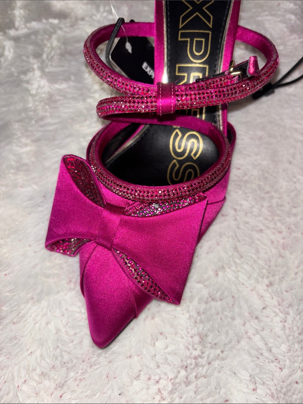 Missing one bling Express Women's Magenta Satin Pointed Toe Bow Slingback Heels - Picture 11 of 14